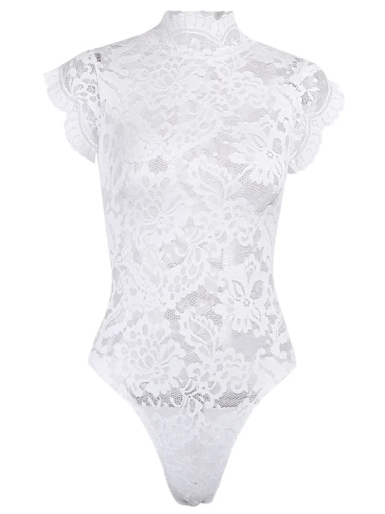 White Sweet Korean Lace Transparent Mesh Flowers Sexy Backless Bandage Top Hot Korean Women Summer Bodysuits Rompers FJ8U