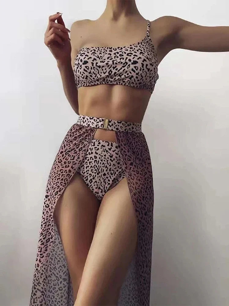 New One shoulder Bikini 2025 Female Swimsuit Women Swimwear Three-pieces Bikini set Mesh Long Skirt Beach wear Bathing Suit Swim