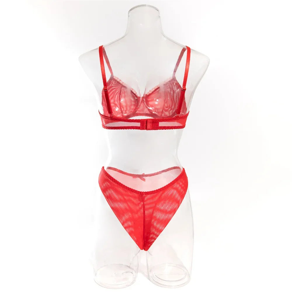 2Pcs Bra & Brief Set for Women Sexy White Ruffle Mesh Perspective Bow Patchwork Bra Bilizna Set Underwear Ultra Thin Intimate