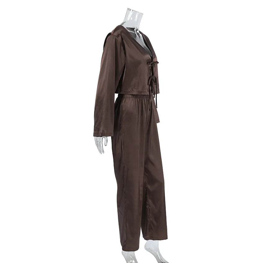 2026 New Women's Home Clothes Open Cardigan Belted Sleepwear Loose Long Sleeve Long Pant Smooth Comfort Spring Street Style