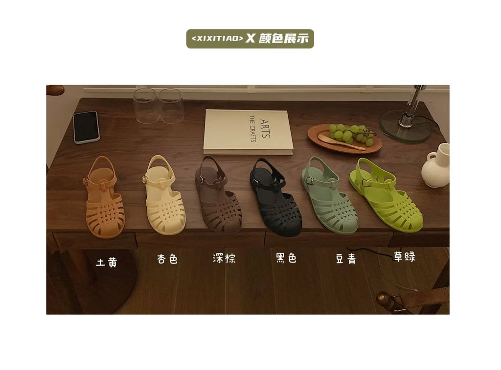 Women Rome Sandals Cut-out Gladiator Style Summer Shoes Soft PVC Peep Toe Girls Student Street Outdoor Sandals