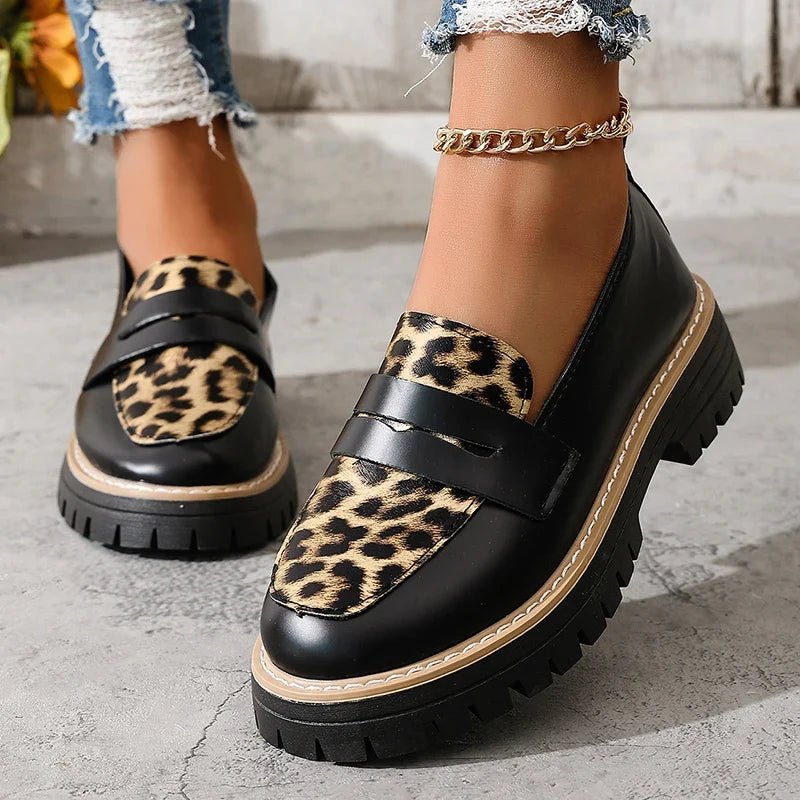 Fashion Leopard Print Platform Loafers Women Plus Size 43 Slip On Pu Leather Shoes Woman Comfort Thick Bottom Office Work Shoes