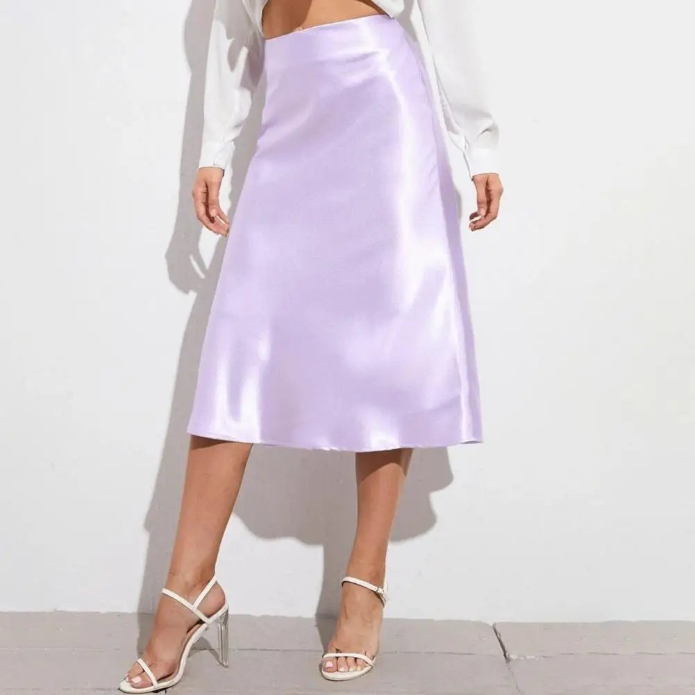 Satin-Like Shiny Skirt Women Midi Skirt High Waist Solid Color Mid-calf Length Skirt Soft Breathable Fabric Work Skirts