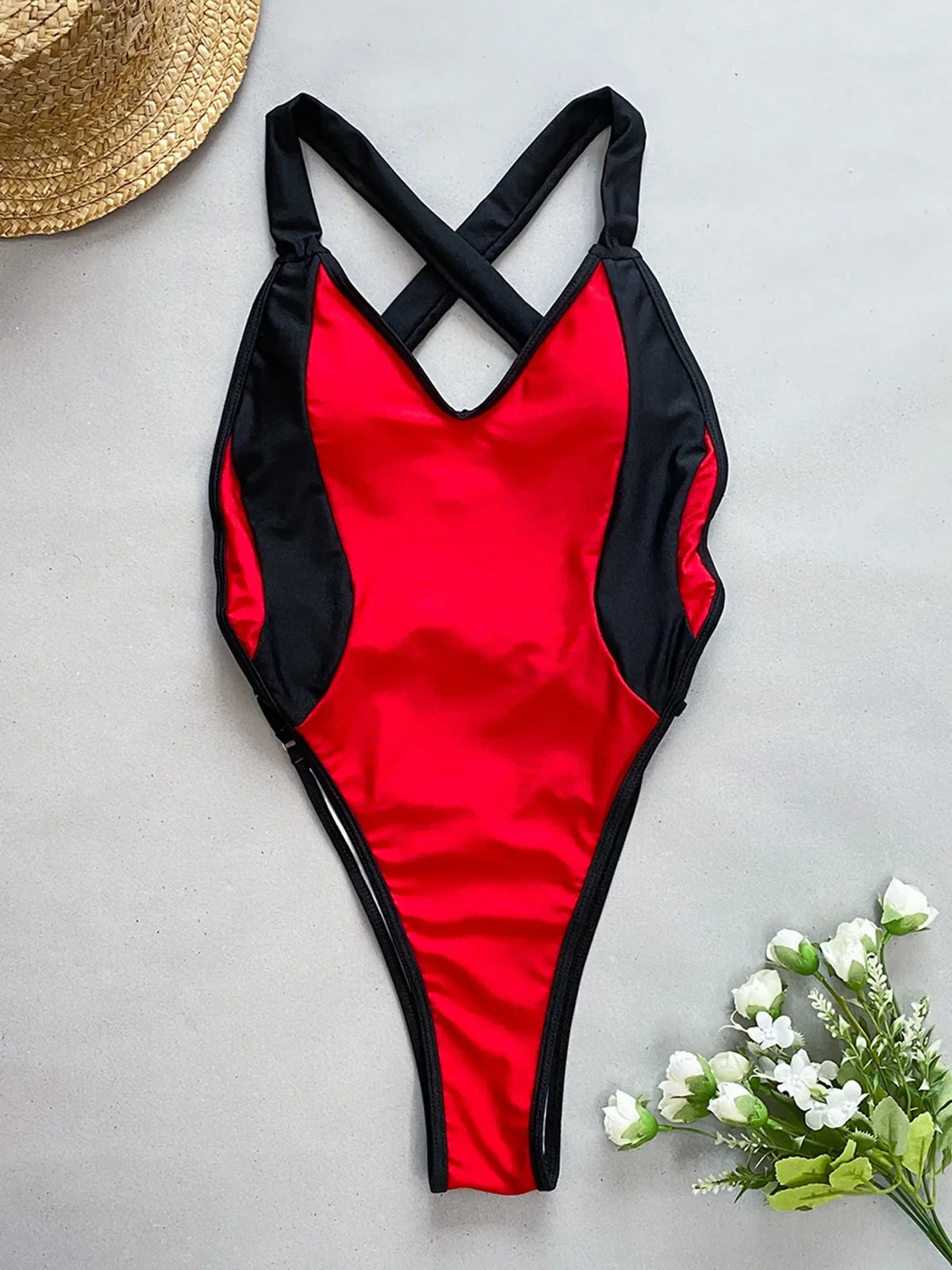 DEKA Deep V Swimwear New Scalloped Splicing High Cut One Piece Swimsuit Women Halter Bodysuit Female Bather Bathing Suit Swim