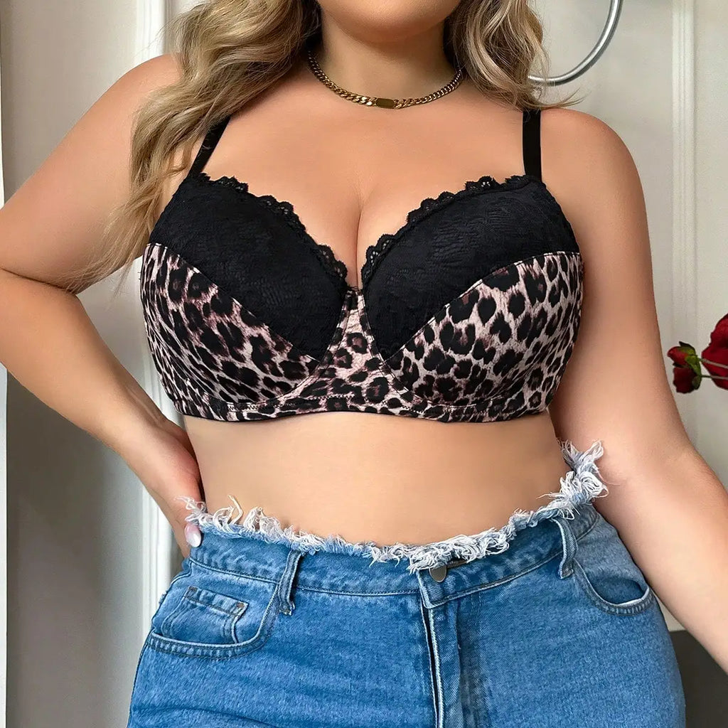 Leopard Print Sexy Lace Stitching Underwear For Ladies D Cup Plus Size Women's Clothing Suitable For Buxom Women Bra B2414
