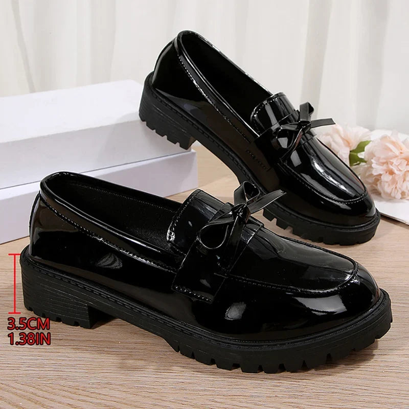 Patent Leather Med Heels Loafers Women Spring Plus Size 43 Bowknot Slip On Flats Woman British Style Student Pu Leather Shoes
