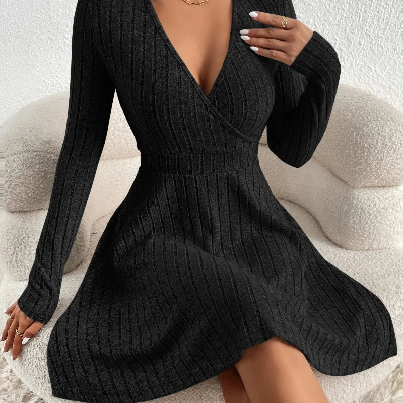New for autumn/Winter Women Knit Slim Sexy Bodycon Dress V-Neck Long Sleeve Dress Solid Casual Midi Sweater Dress