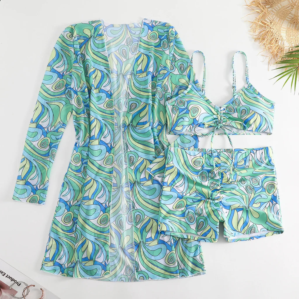 New Sexy 3 Pieces Suit for Women Neck Hanging Bikini Set+Cover-up Swimwear Sunproof Tankini High Waist Shorts Swimsuit Beachwear