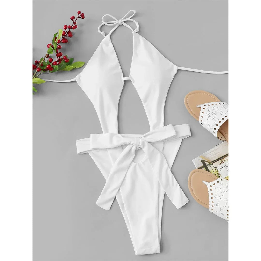 Sexy Cut Out Halter Trikini High Leg Cut One Piece Swimsuit Women Swimwear Female Monokini Padded Bather Bathing Suit Swim V7968