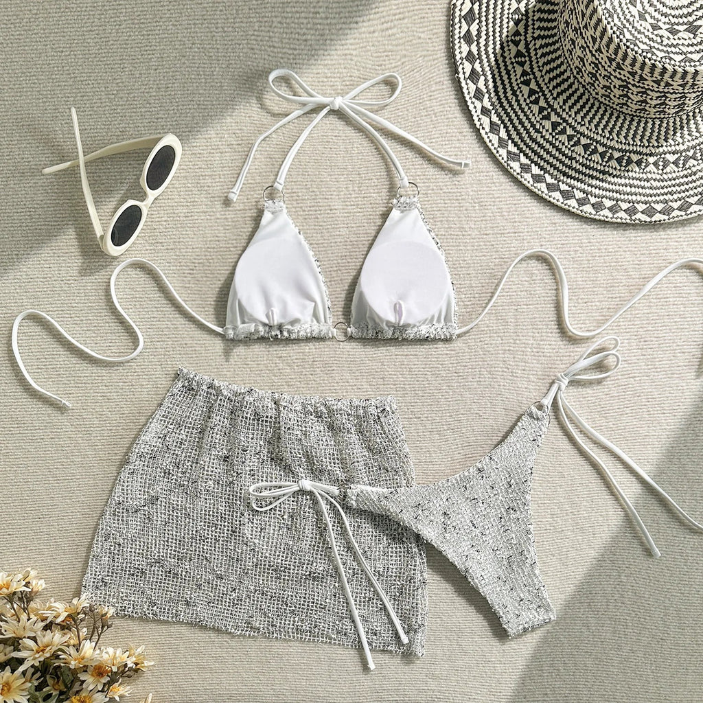 With Fishnet Sarong Skirt Halter Micro Bikini Women Swimwear Female Swimsuit Three-pieces Bikini Set Bathing Suit Swim Beachwear