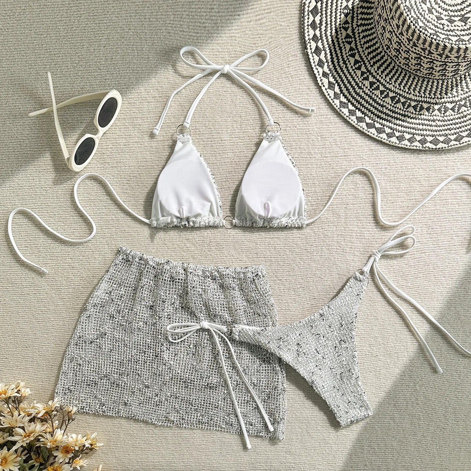 With Fishnet Sarong Skirt Halter Micro Bikini Women Swimwear Female Swimsuit Three-pieces Bikini Set Bathing Suit Swim Beachwear