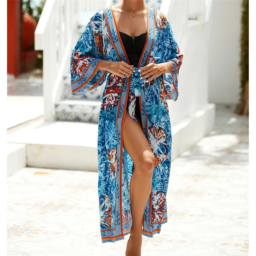 13 Colors Printed With Belt Crochet Knitted Tunic Beach Dress Beach Wear Beachwear Beach Cover Up Cover-upsFemale Women V7201