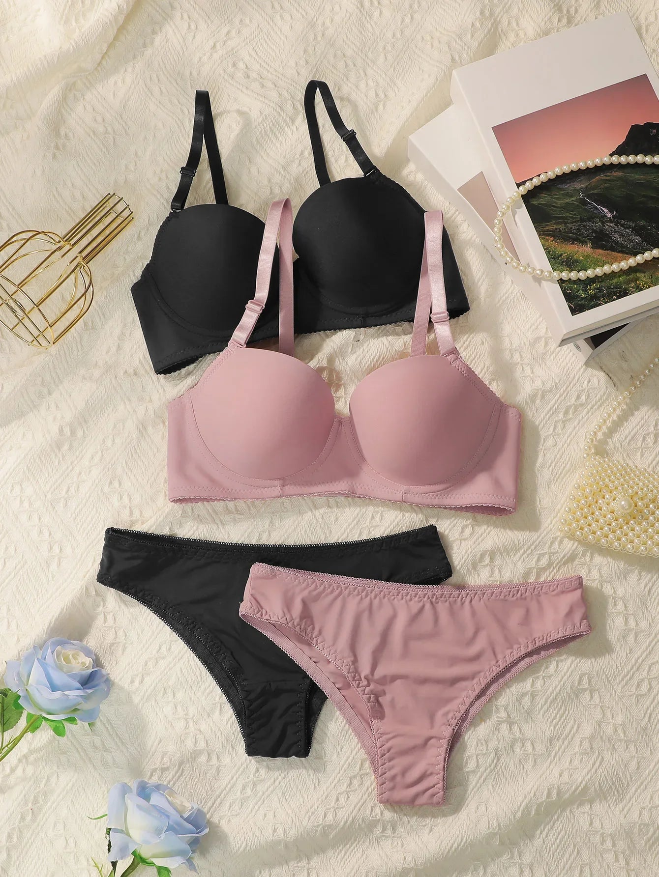 New 2-piece Solid Color Lingerie Set Women's Steel Collar Push Up Bra Women's Lingerie Underwear Daily Bra Set J2611