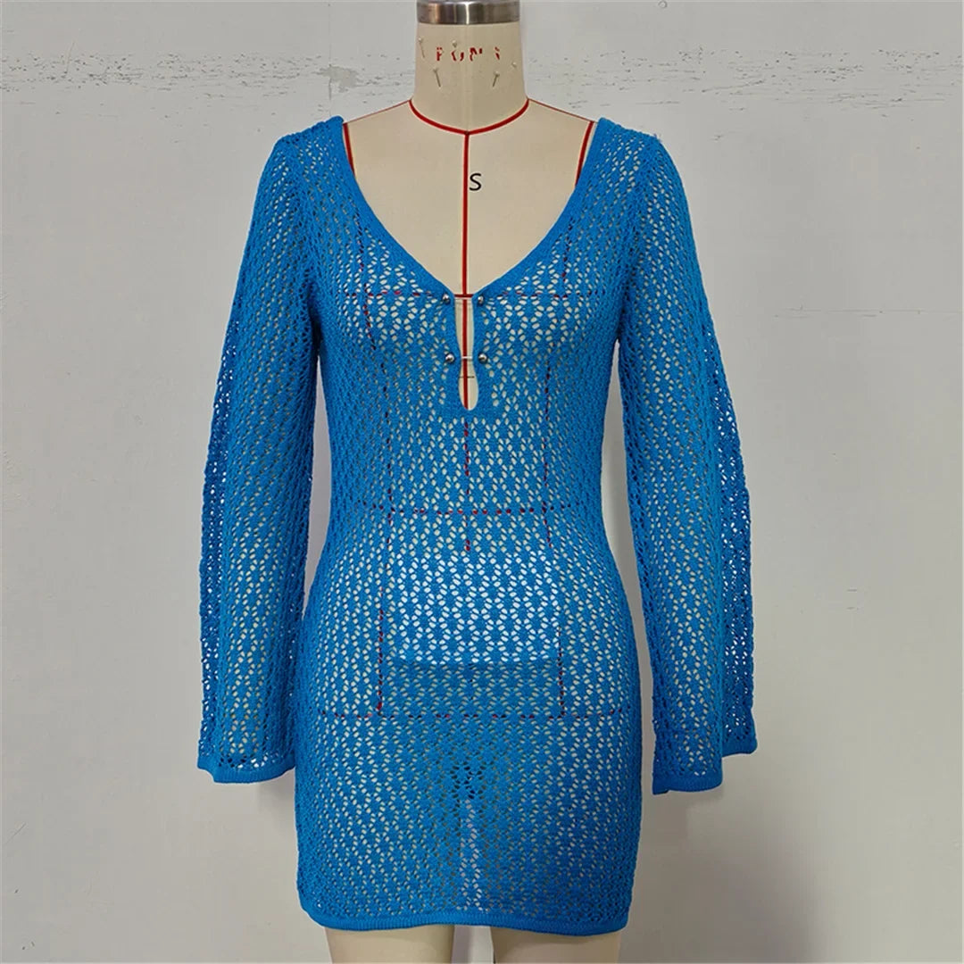 V Neck Long Sleeve Hollow Out Crochet Knitted Tunic Beach Cover Up Cover-ups Beach Dress Beach Wear Beachwear Female Women V7643