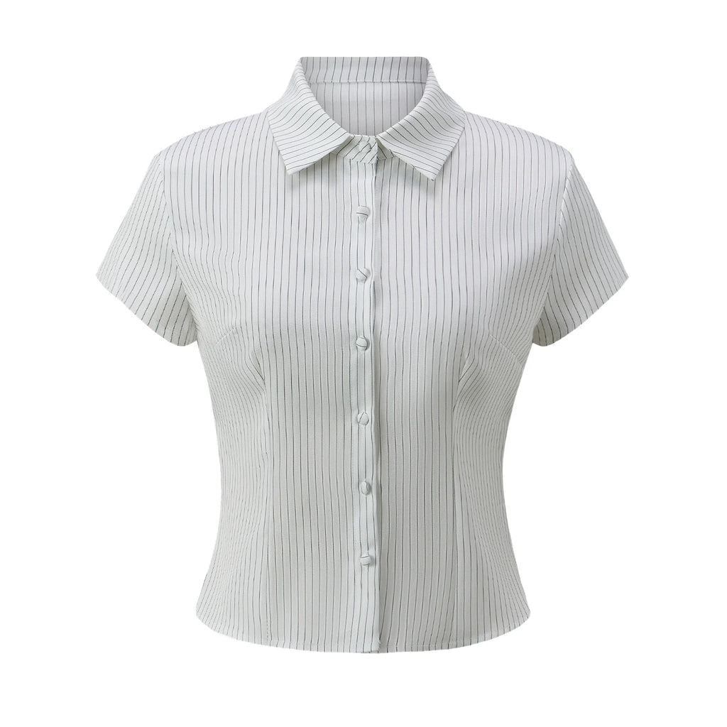 Women Button Down Slim Fit Striped Shirt Fashionable Summer Short Sleeve Turn Down Collar Tops for Casual Daily Wear