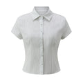 Women Button Down Slim Fit Striped Shirt Fashionable Summer Short Sleeve Turn Down Collar Tops for Casual Daily Wear