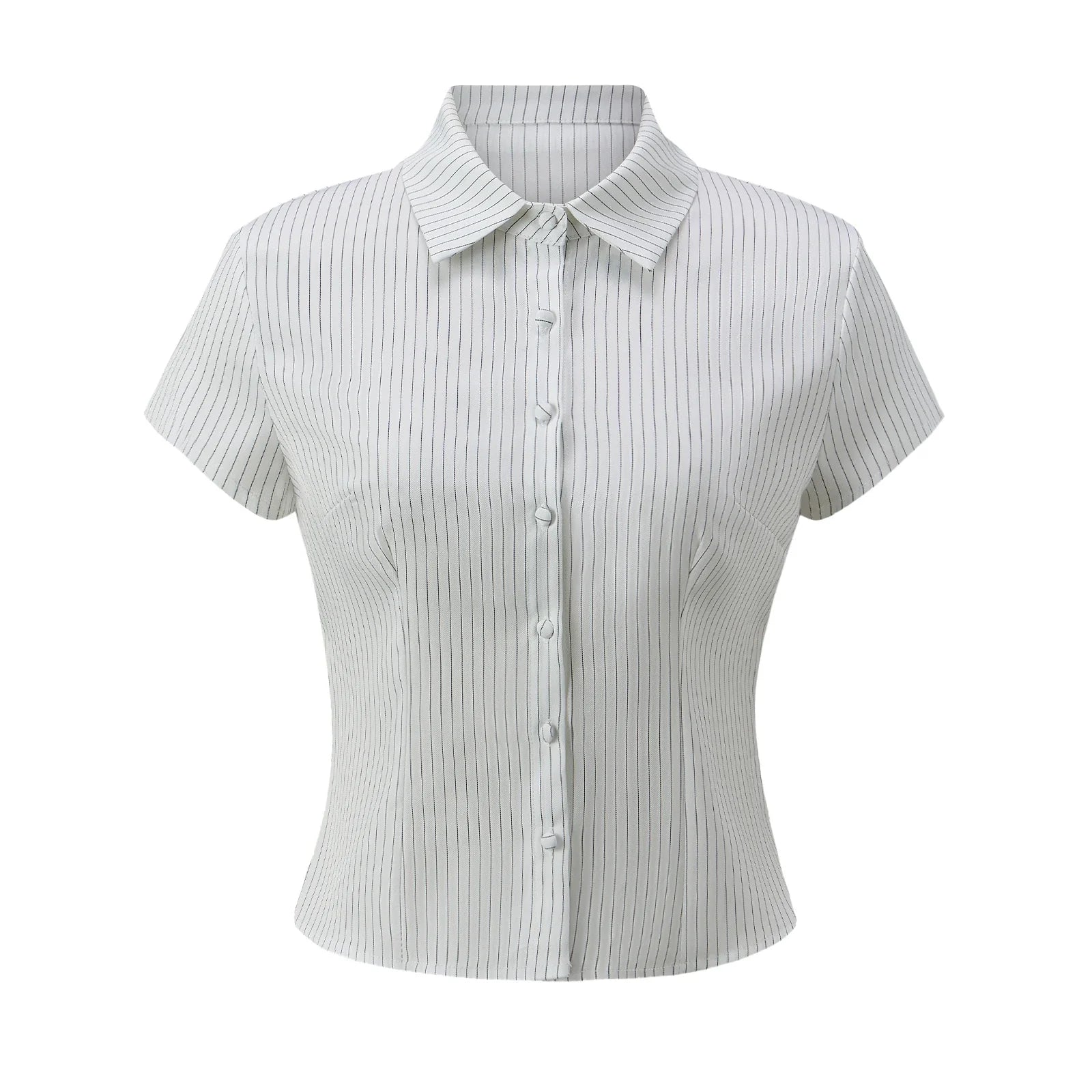 Women Button Down Slim Fit Striped Shirt Fashionable Summer Short Sleeve Turn Down Collar Tops for Casual Daily Wear