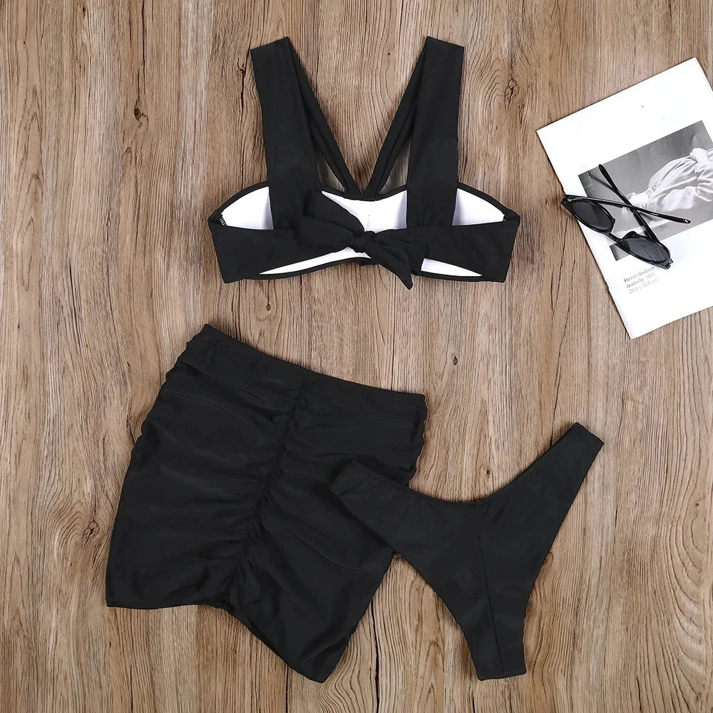 2024 Three Pieces Bikini Set Cover Up Swimwear Women Swimsuit Solid Floral Lace Push Up Bathing Suit Beachwear Swimming Biquini