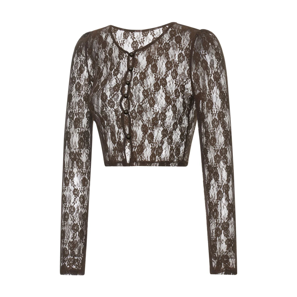 Sweet Sexy Girl Floral Lace See Through Cardigan Shirt Women Long Sleeve V Neck Slim Crop Top Beach Club Single Breasted Tops