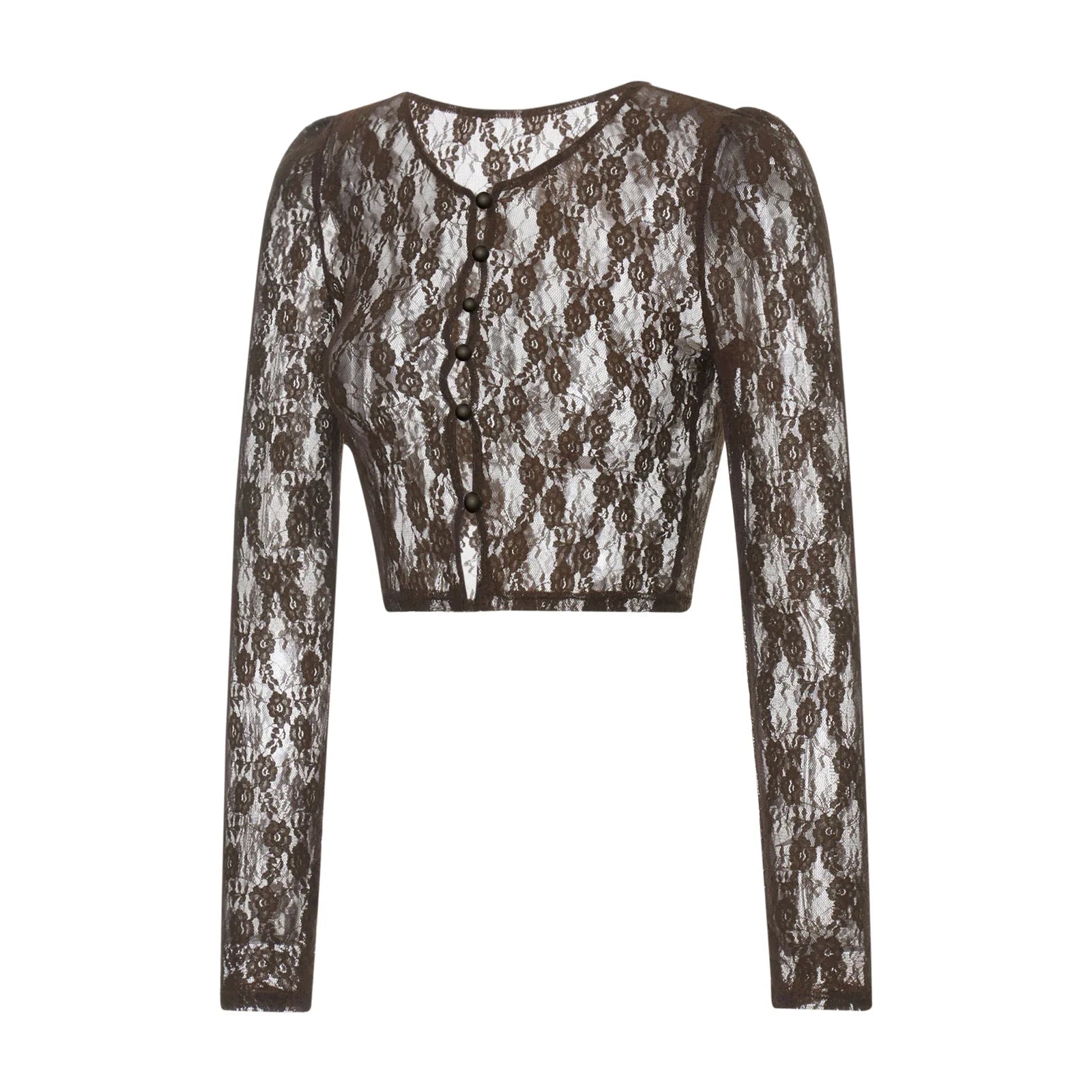 Sweet Sexy Girl Floral Lace See Through Cardigan Shirt Women Long Sleeve V Neck Slim Crop Top Beach Club Single Breasted Tops