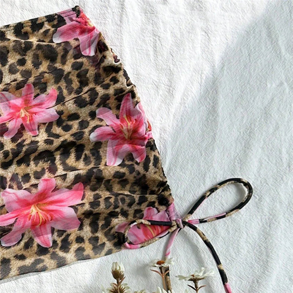 Leopard Print Swimwear Cover Ups String Halter Triangle Bikinis 2026 Mujer Sexy Swimsuits Women Bathing Suit 3 Piece Bikini Set