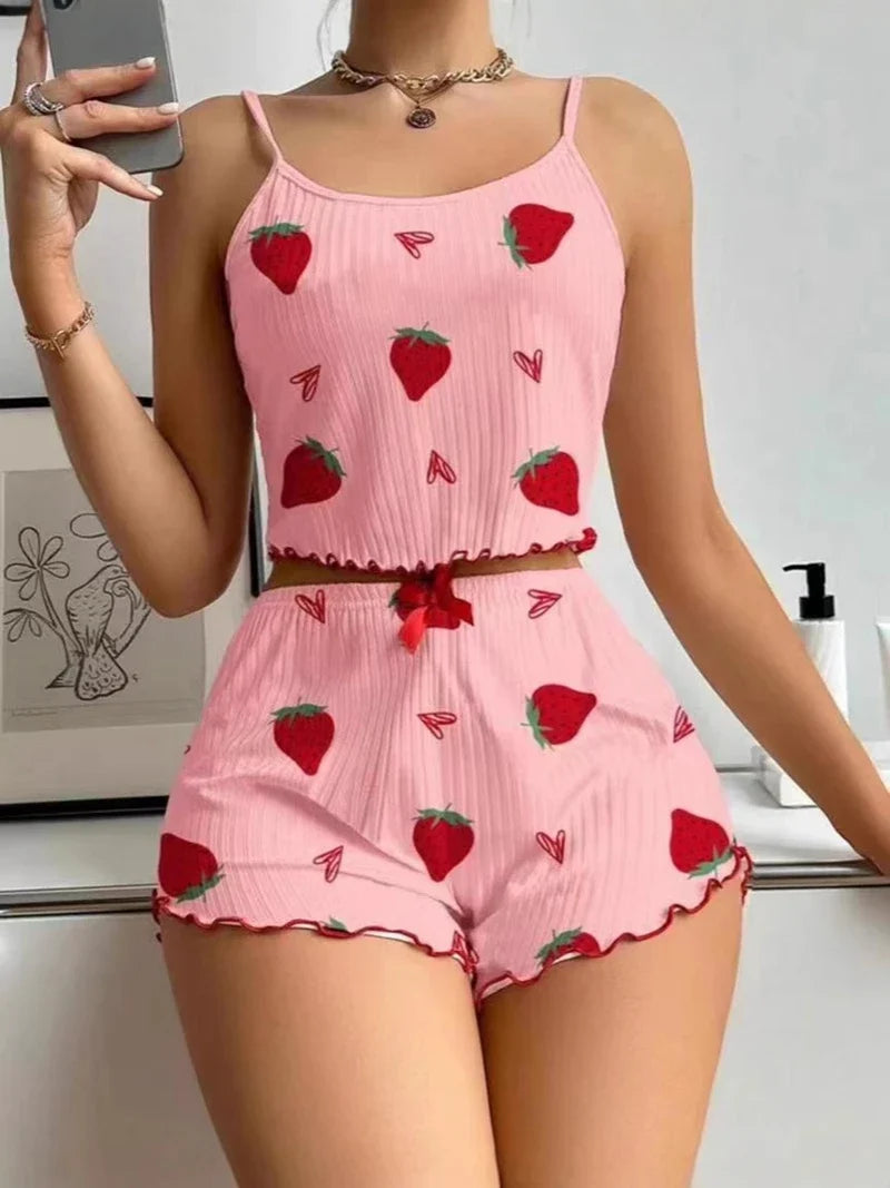 Soft Strawberry Print Pajama Set Frill Trim Slip Cami Top And Bow Decor Shorts Loose Cute Style Fit Women's Sleepwear Nightwear