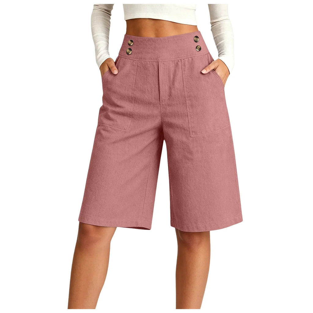 Women's High Waist Cotton Linen Bermuda Shorts Double Breasted Wide Leg Casual Shorts With Pockets Loose Fit Office Summer Short