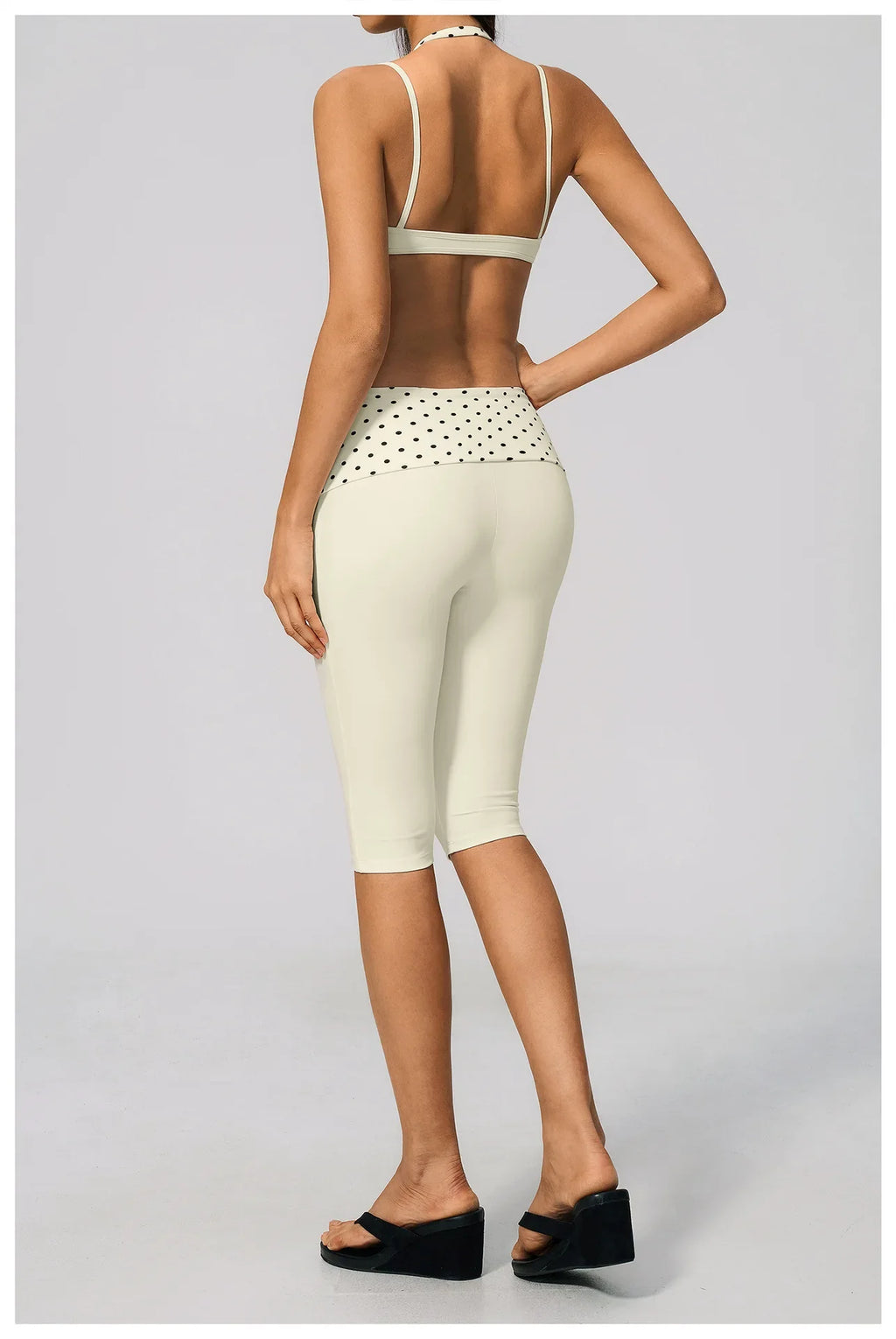 Summer Polka Dot Yoga Sets Women Hanging Neck Shockproof Sports Bra Fitness Suit Folding High Waist Mid Pants Gym Tracksuit