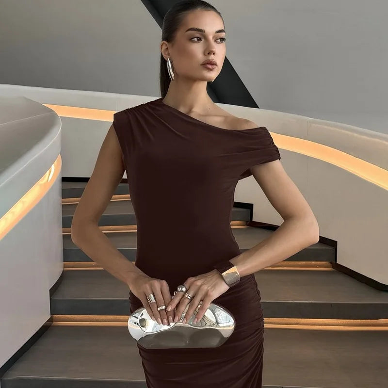FDYOUI Woman Clothes Diagonal Collar Ruched Brown Long Dresses 2026 Summer Lady Chic One Shoulder Sleeveless Tunics Party Dress