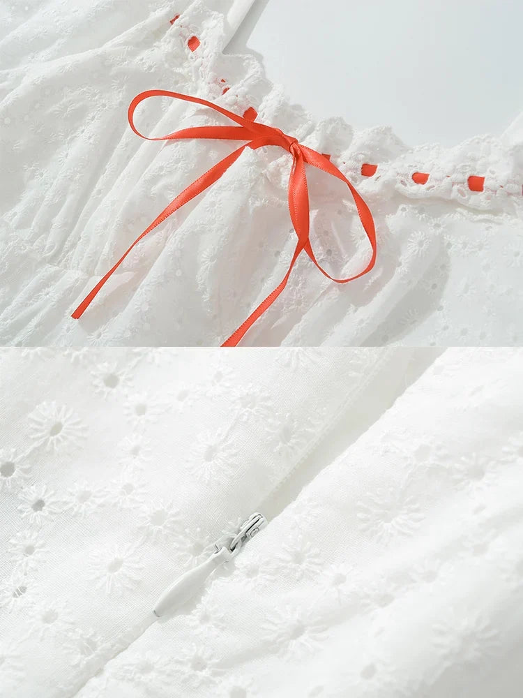 Foridol Bowknot White Summer Women's Dresses 2025 Square Collar Cotton Hollow Out Short Dress New in Vintage Beach Dress