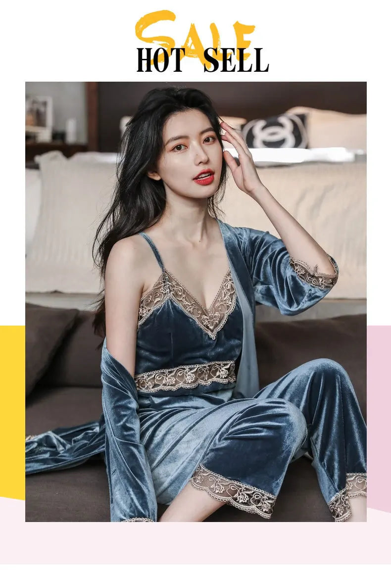 Women's Autumn Winter Golden Velvet Pajamas Set - Sexy Lace Suspender 3-Piece Loungewear with Breast Pads
