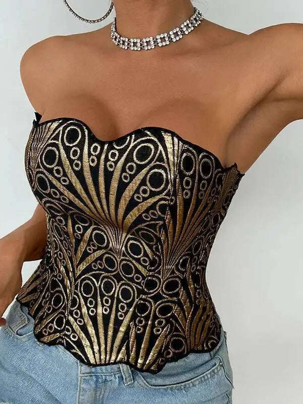 Hollow Irregular Sequin Double Layer Corset Court Style Waist Cincher Mesh Breathable Sexy Tube Casaul Pure Desire Top V466