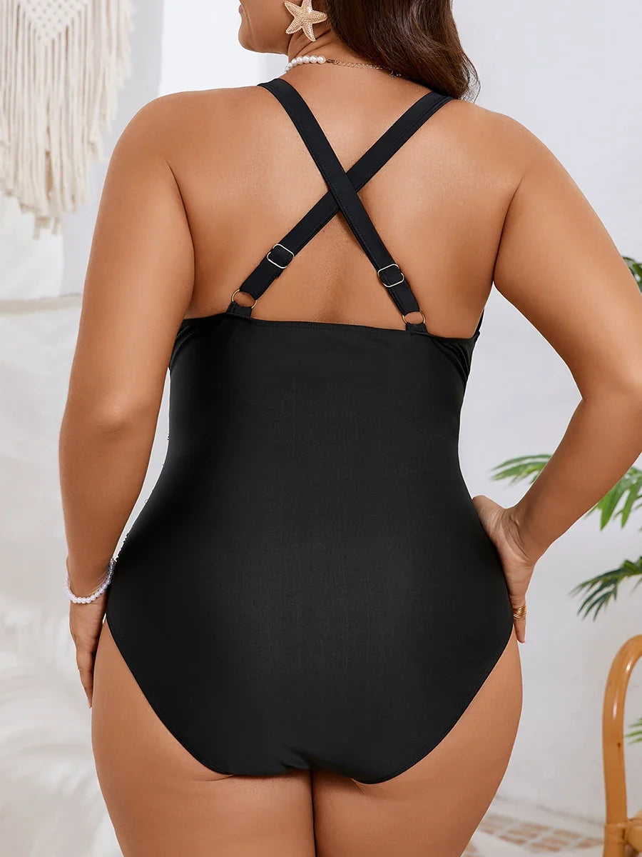 2026 Black V-neck Swimwear Female Large Plus Big Size Swimsuit Women One Piece Bathers Bathing Swimming Swim Suit Beachwear 5XL