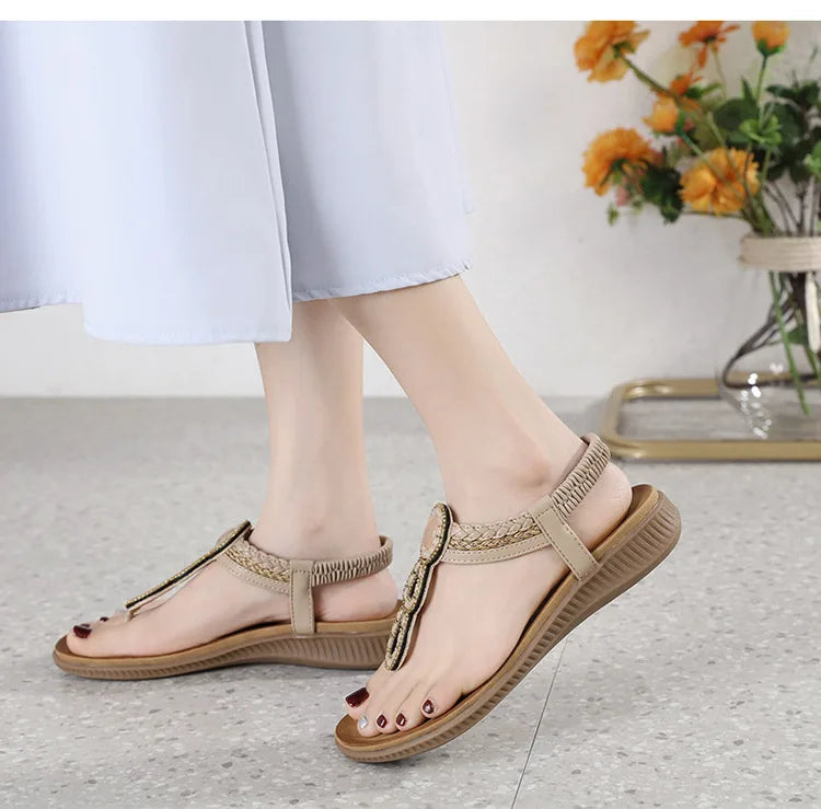 2026 New Shoes for Women Bohemia Crystal Sandals Women Shoes Rhinestone Lady Flip Flops Pearl Slip on Flat Beach Shoes