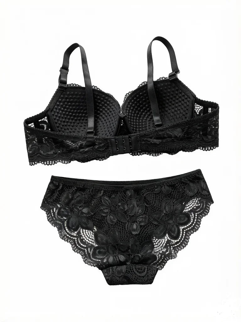 Black Lace Bra and Panty Set – Sexy Underwear set for Women Floral Embroidery lace set push up bra 2123