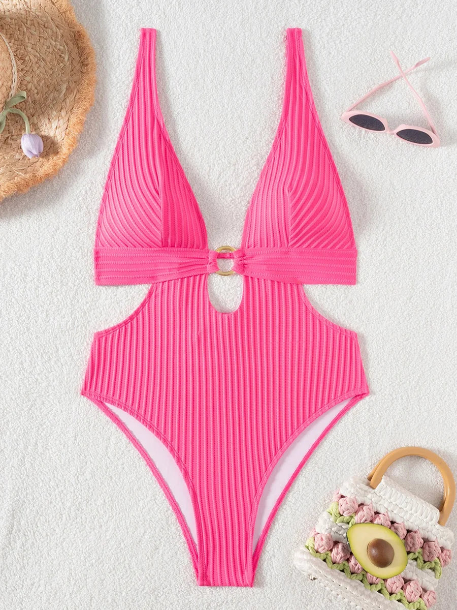 Deep V Neck Cut Out Women Swimwear One Piece Swimsuit Female High Leg Cut Monokini Bather Backless Bathing Suit Swim Beachwear