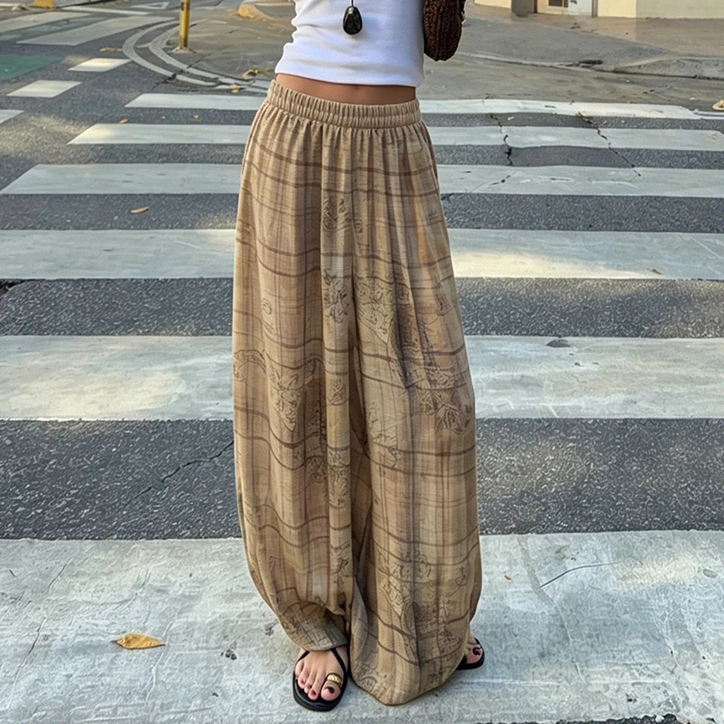 Low-waisted, loose-fitting, wide-slip casual trousers, lightweight woven trousers