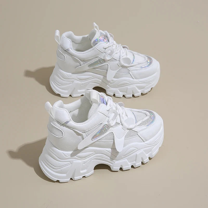 Breathable Chunky White Sneakers for Women Fashion Laser Thick Bottom Vulcanize Shoes Woman 2025 Lace Up Platform Running Shoes