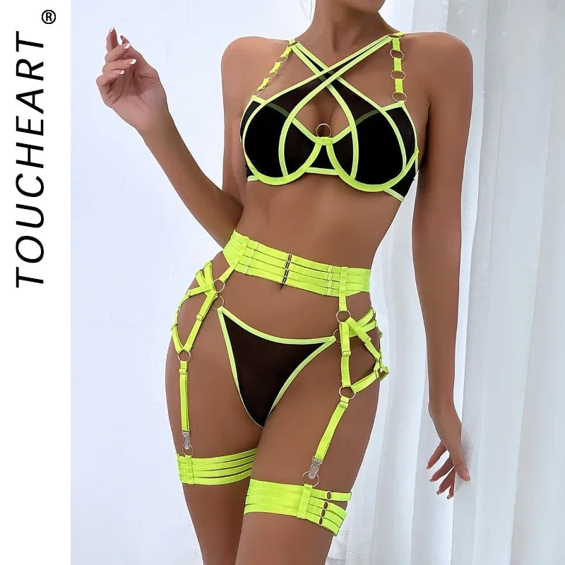Toucheart Sexy Floral Embroidery Underwear Steel Ring Bra Lace Mesh Sexy Webbing Hollow Waistband Hanging Erotic Lingerie Suit