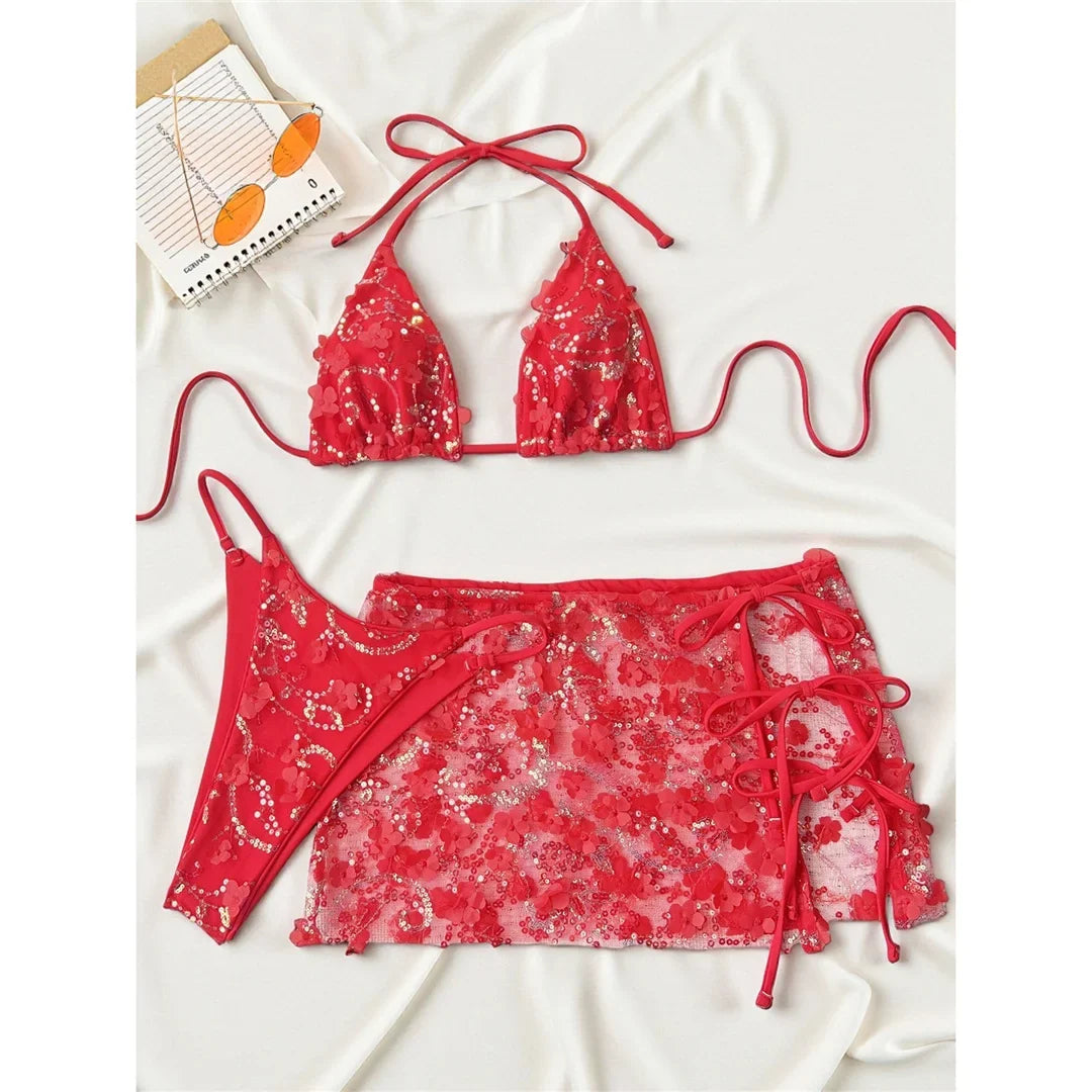 S - XL Three-pieces Bikini set With Skirt Flowers Sequins Bikini Female Swimsuit Women Swimwear Bather Bathing Suit Swim V7864
