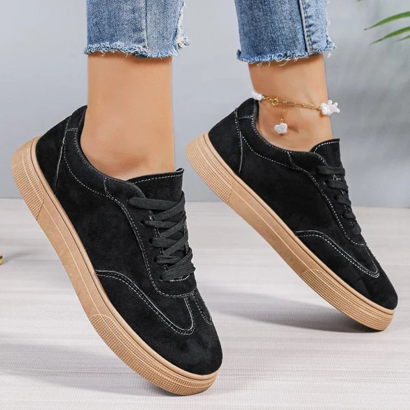 All Match Black Faux Suede Sports Shoes for Women Lace Up Low Top Sneakers Woman Sewing Wear Resistant Vulcanize Shoes Ladies