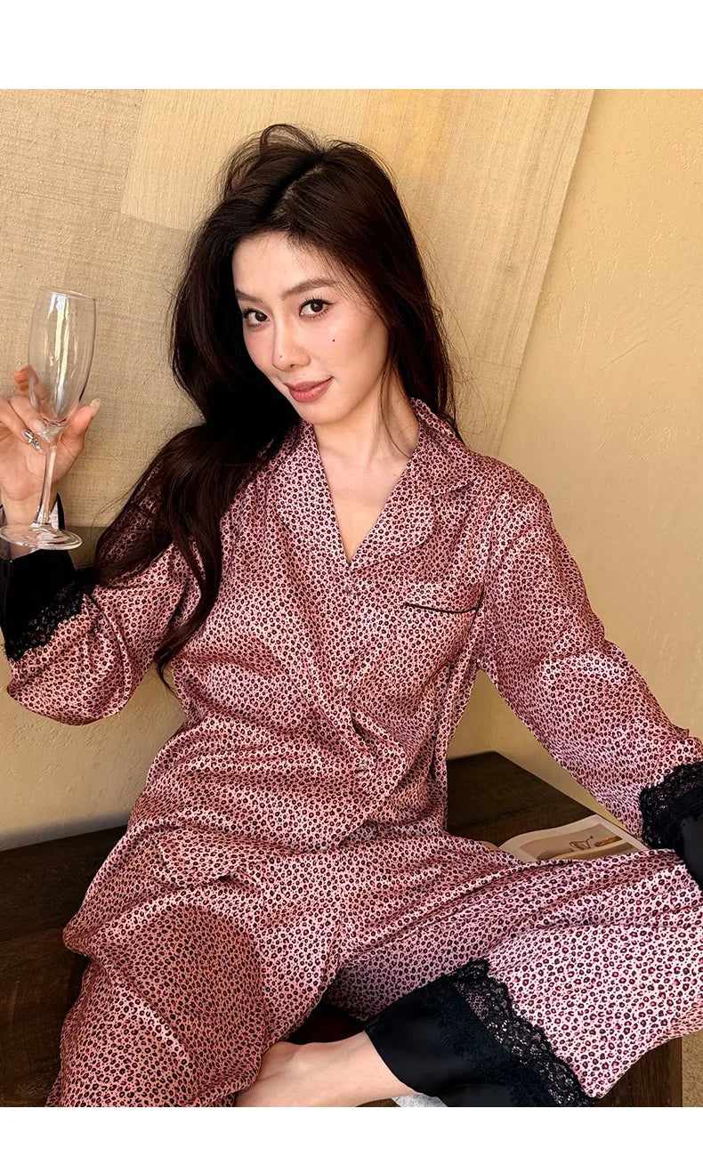 2026 Pajamas for Women Ice Silk Sexy Lace Small Leopard Print Long Sleeve Home Clothes Pajamas Set Can Be Weared Outside