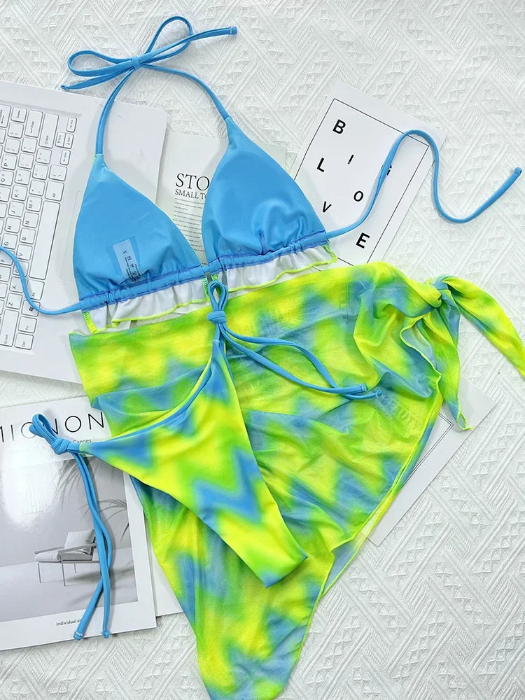 With Sarong Halter Ruffled Tie Dye Bikini Women Swimwear Female Swimsuit Three-pieces Bikini Set Bathing Suit Swim Beachwear