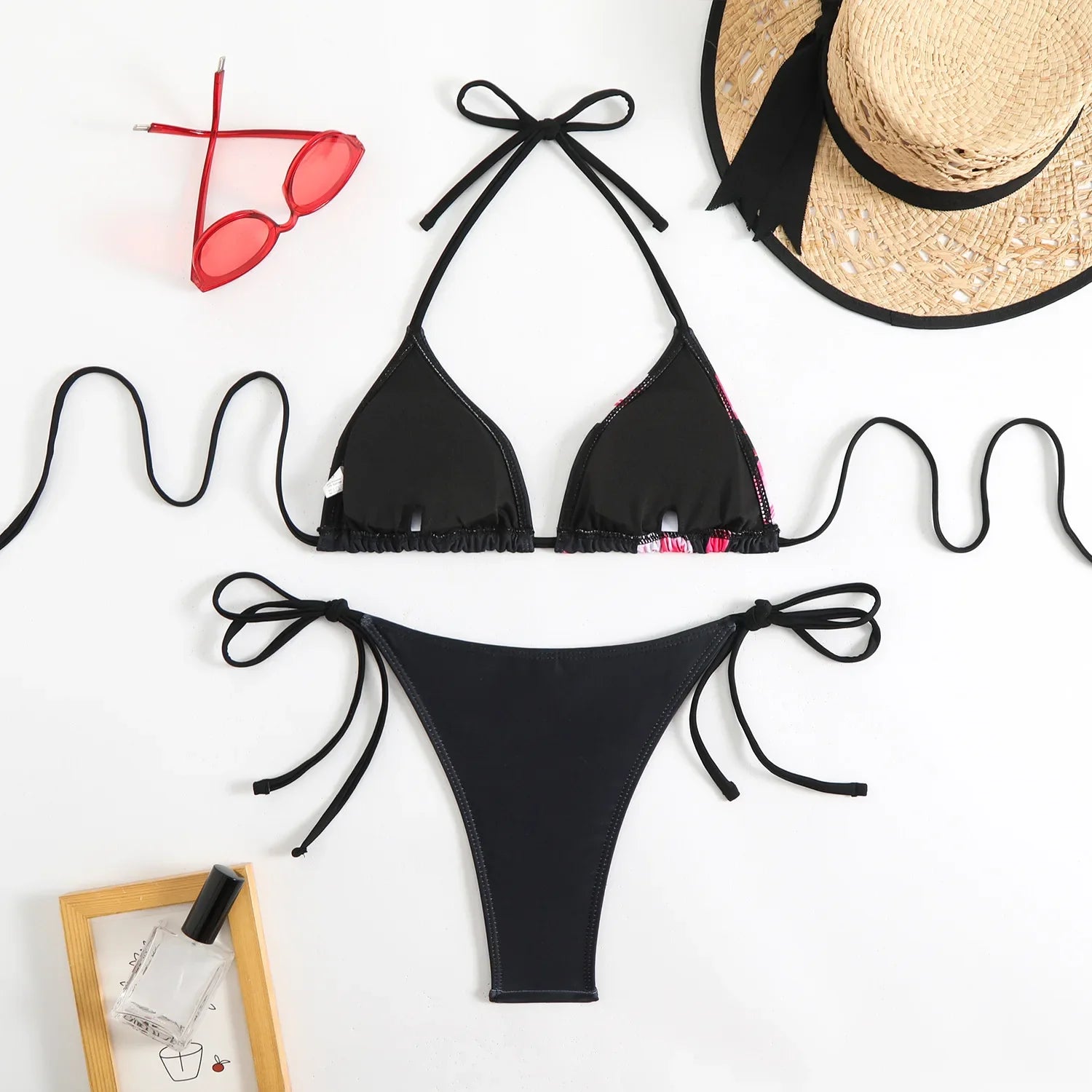 Sexy Micro Bikini 2025 Women Black Floral Print Push Up Bra Tie Side Thong Swimsuit Brazilian Beach Bathing Suit Pool Swimwear