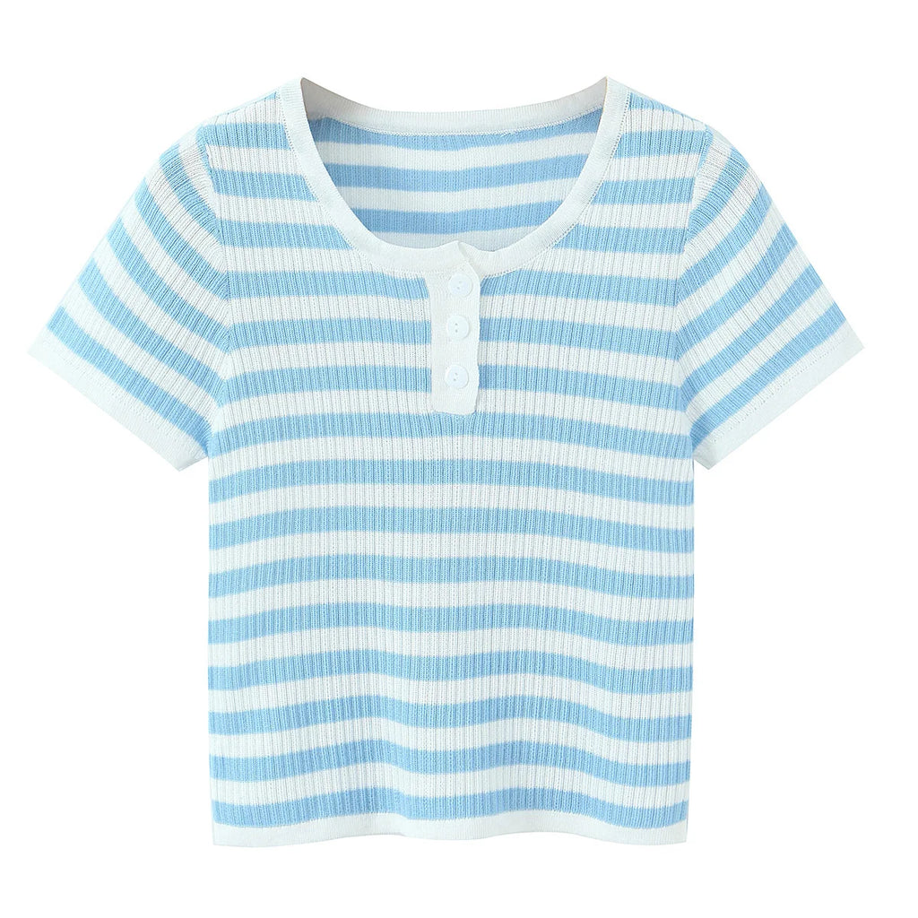 Blue And White Striped Henley Neck Knit Top Casual Short Sleeve Ribbed T Shirt For Women Summer Daily Wear Casual Fashion VGK2