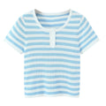 Blue And White Striped Henley Neck Knit Top Casual Short Sleeve Ribbed T Shirt For Women Summer Daily Wear Casual Fashion VGK2