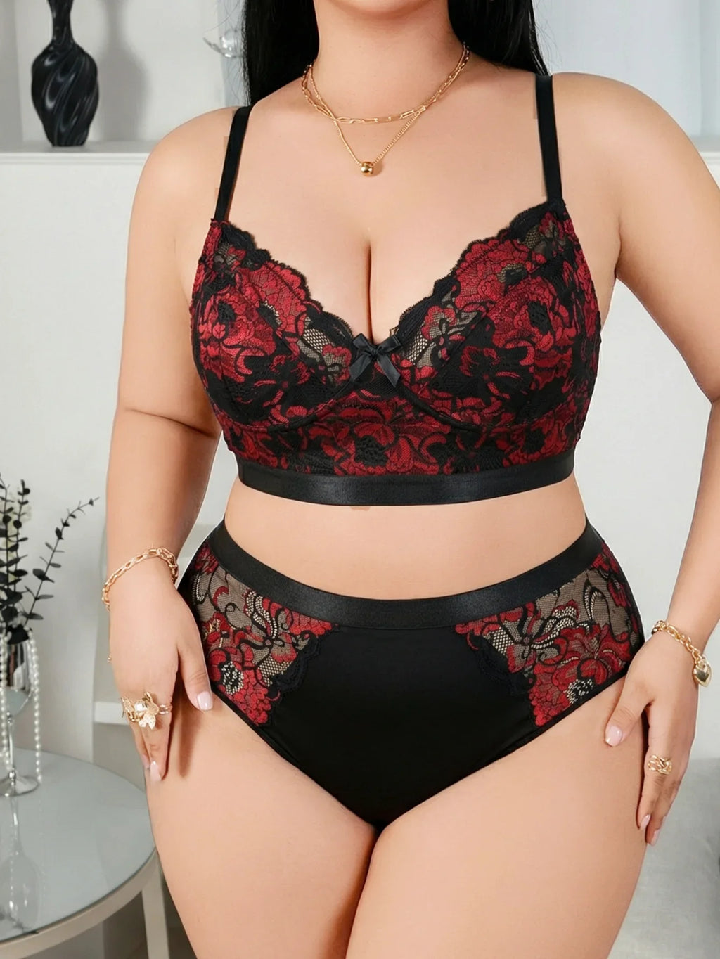 Women’s Hot Selling Plus Size Lingerie Set, Sexy Lace Embroidered Push Up Bra, Big Bust Floral Pattern Set