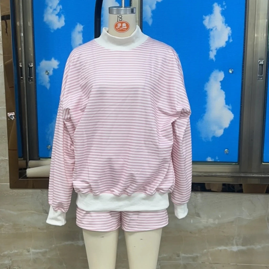 Striped Print Suits for Women Casual Loose Fit Stylish Crew Neck Long Sleeve Tops and Shorts Fall 2 Pcs Set