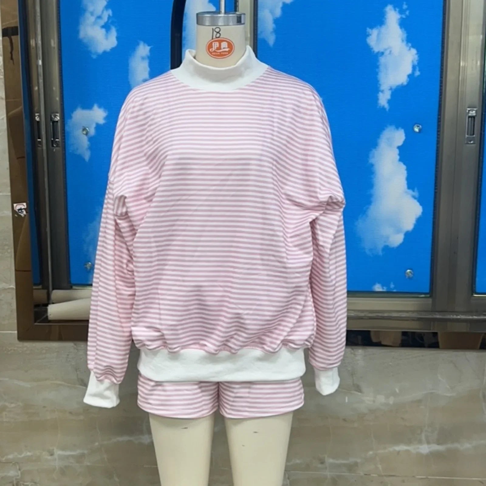 Striped Print Suits for Women Casual Loose Fit Stylish Crew Neck Long Sleeve Tops and Shorts Fall 2 Pcs Set