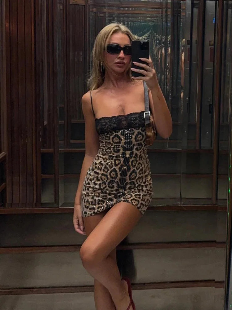 Ahagaga Camisole Sexy Mini Dresses Women Backless Lace Patchwork Leopard Print Sequin Slim Bodycon Y2K Club Party Vestidos